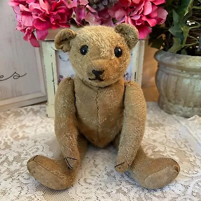 *AUCTION* 12” ANTIQUE 1910s MOHAIR TEDDY BEAR W/BELLY SQUEAKER IN VINTAGE DRESS • $40