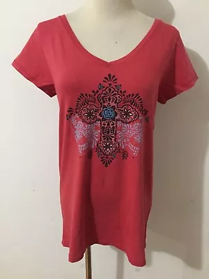 Lucky Brand Top T-Shirt Tee Tomato Red W/Mexican-Style Cross & Skulls Sz M NWOT • $29.99