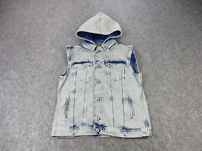 Zara Man Vest Mens Large Blue White Jean Denim Collection Acid Wash Hooded Coat • $39.96