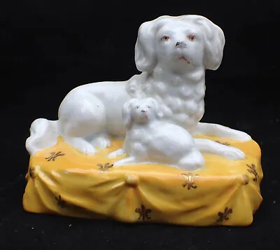 Edme Samson French Porcelain Figure Of Dog & Puppy On Cushion Staffordshire • £54.95