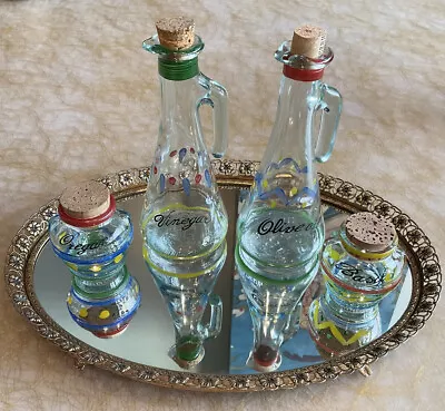 VTG VE Mod Dep Cruets Oil Vinegar 2 Glass Spice Jars Hand Painted Italy Corked • $22.75