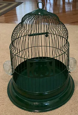 Antique Victorian Hendryx Green Metal Bird Cage W/ Glass Feeders Perch • $42.99