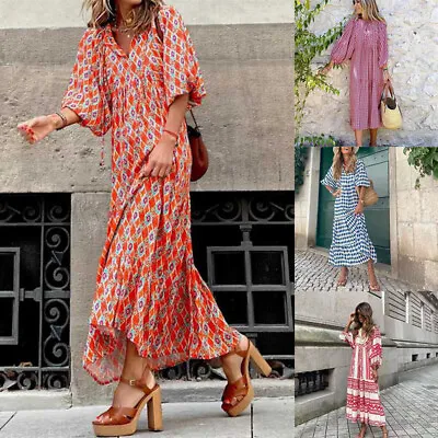 Women Maxi Dress Long Dress Women Boho Print Maxi Dress Ladies Beach Holiday UK • £19.14