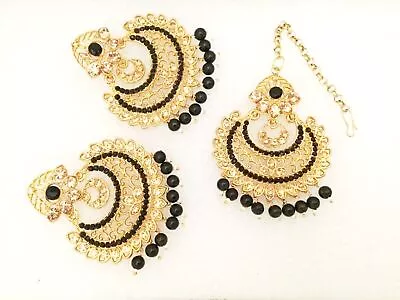 Black Kundan Gold Pearl Maang Tikka Earring Set Bollywood Indian Bridal Jewelry • $21.93