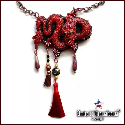 Red Dragon Oriental Jewelry Talisman Amulet Pendant Necklace Chain Stone Pearl • $270