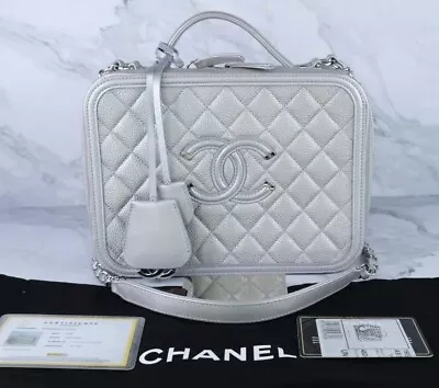 Chanel Filigree Quilted Silver Leather Vanity Case Caviar Large Bag • $3299