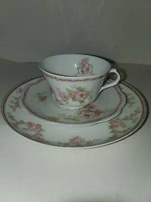 AL HAVILAND Limoges French Bone China Cup Saucer Plate Trio White  Pink Roses • $54.99