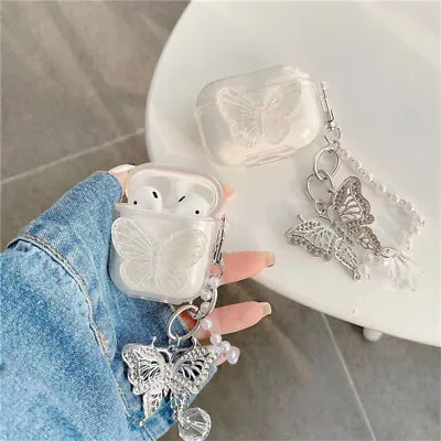 $13.97 • Buy 3D Cute Butterfly Soft Clear Earphone Accessories Cover Case Pendant Pearl Chain