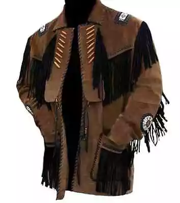 Men Native American Western Cowboy Suede Leather Jacket Fringe & Beaded Coat • $59.99