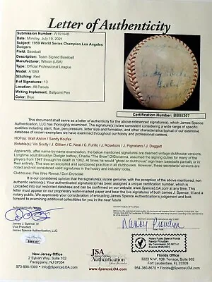 1959 La Dodgers Signed Auto Baseball Sandy Koufax Vin Scully Doggett +++ Jsa/dna • $1895