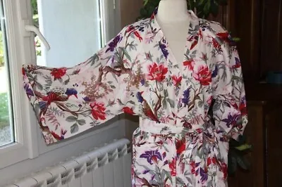 $36.29 • Buy Indian Women's White Bird Printed Kimono Cotton Bath Robes Maxi Night Gown AU