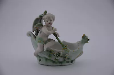 Vintage Porcelain/Bisque Cherub Boy On Gondola With Sweet Dragon/Bird Head Green • $50