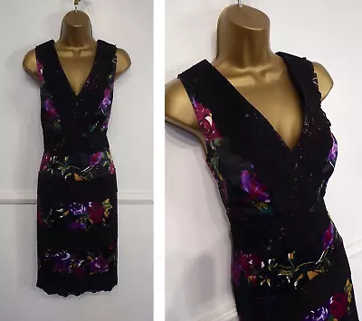 JULIEN MACDONALD Black Lace Multi Floral Satin Occasion Pencil Wiggle Dress UK14 • £19.99