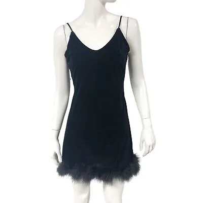  Vintage 90s Y2K Roberta Black Velvet Mini Lingerie Slip Dress Marabou Feathers • $69.99