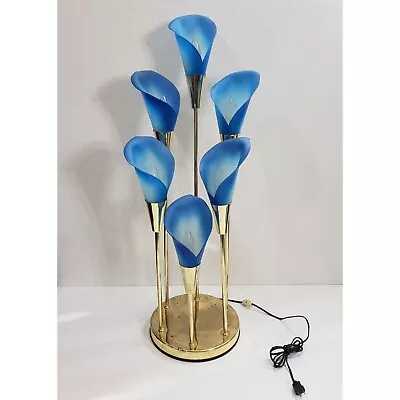 Rare Vintage BLUE Calla Lily Lamp Hollywood Regency 6 Stem Brass Flower Light • $465