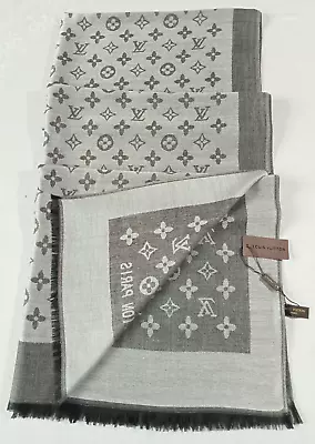Louis Vuitton Scarf Shawl Wrap LV Monogram Gray Stole Cashmere Silk Italy • $149