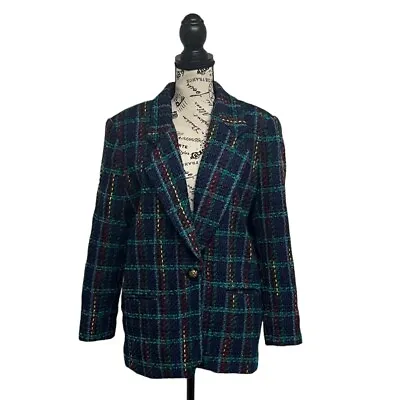 Diversity Womens Oversized Boucle Plaid Blazer Single Button Vintage Padded 14 • $35