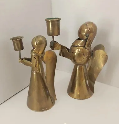 VTG Mexican Brutalist Metal Art Copper Brass Graduated Angel Candlestick Holders • $15.73