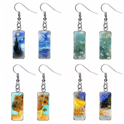 Van Gogh Oil Painting Drop Earrings Rectangle Glass Earrings Handmade Jewelry • $4.74