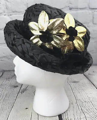 Vintage Womens Straw Bowler Hat Black Gold Flowers Velvet Ribbon Sz 22 Union USA • $19.99