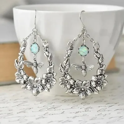 Women Vintage Bee Flower Pendant Drop Earrings Hollow Water Drop Shape Pendant • $12.98