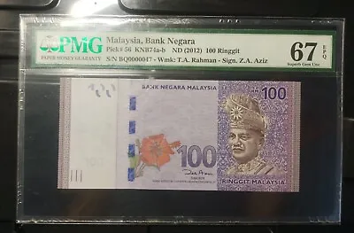 Malaysia Banknote Rm100 Pmg67epq Low Number Bq0000047 Zeti Gabenor • $118