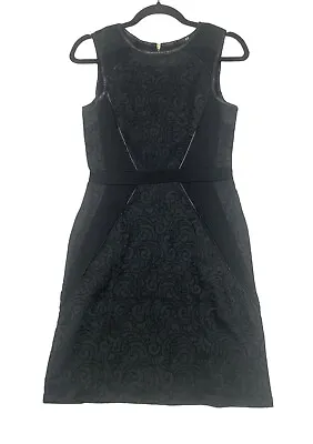 H&M Size Small Black Sleeveless Dress Faux Leather Trim Paisley Round Neck • $14.99
