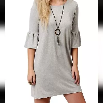 Stetson Grey Ruffle Sleeve Crew Neck Heathered Shift Stretch Western Mini Dress • $34