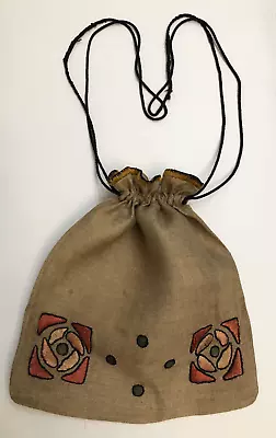 Antique Arts & Crafts Embroidered Linen Drawstring Purse/bag • $59