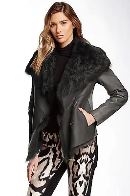 Muubaa Henely Goat Leather Sheepskin Fur Shearling Trim Jacket Coat *US 4/ UK 8 • $378