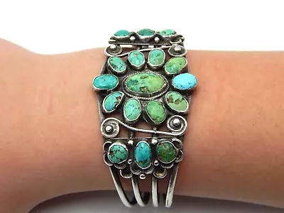 Lrg Old Pawn Navajo Southwestern Sterling Silver Cluster Turquoise Cuff Bracelet • $0.99