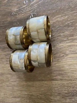 1012) Set Of 4 Brass And Mother Of Pearl Inlay Napkin Rings Vintage • $15