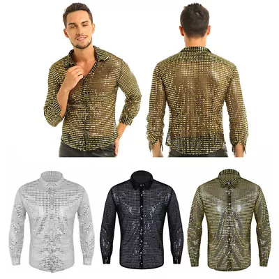 Men's Sparkle Sequined Party Dance Shirts Retro 70's Disco Nightclub Shirt Tops • £17.47