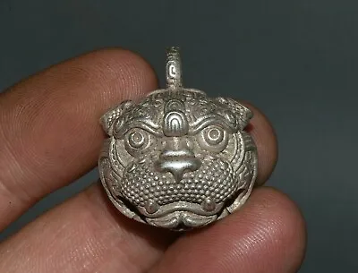 3CM Rare Chinese Miao Silver Feng Shui Foo Dog Lion Beast Head Bell Pendant • $13.65