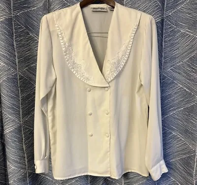 Vintage Yves St Clair  Blouse Size 12 Embroidered Collar LG Sleeve Fabric Button • £15.19