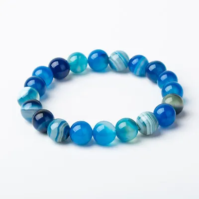 Natural Blue Laced Agate Striped Bracelet Stone Bead Charm Heal Gift 6mm 8mm 10 • £4.59
