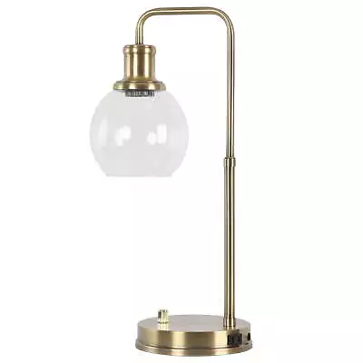 Gold Desk Lamp With A Glass Shade & AC Outlet Metal Finish Farmhouse Style • $37