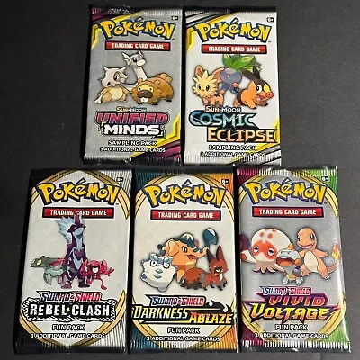 5x Pokemon S&M & SWSH SAMPLE / FUN Booster Packs: Unified Minds Cosmic Eclipse • $14.99