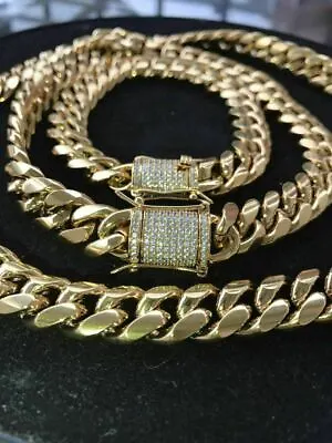 Men Real Cuban Miami Link Bracelet Chain Set 18k Gold Plated Simulated Diamond • $71.99