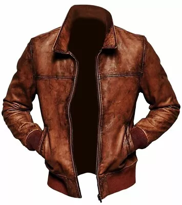 Men's Motorcycle Biker Vintage Cafe Racer Retro Brown Wax Real Leather Jacket • £89.43
