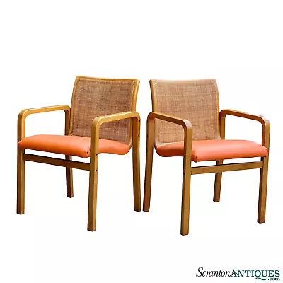 Mid-Century Boho Bentwood Cane Back Sculpted Orange Club Chairs - A Pair • $775