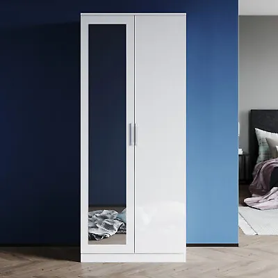 High Gloss 2 Door Wardrobe Bedroom Furniture Storage With Mirror Hanging Rail • £124.99