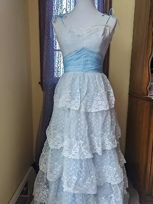 Vintage 70's 80's Baby Blue White Ruffled Tiered Cupcake Formal Dress Prom XS • $69.99