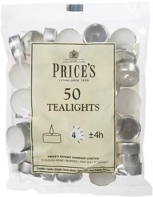 Prices Patent Candles White Tealights Bag Pack Of 50 Wax L X 3.8cm W X 1.8cm  UK • £6.16