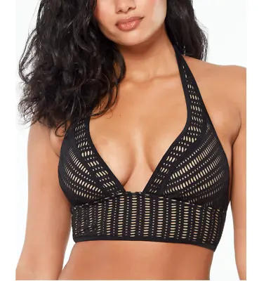 BAR III Women's Crochet Long Line Bikini Top Sz XS X-Small Black Swimwear • £38.60