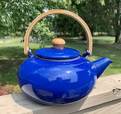 Vtg IKEA Cobalt Blue Enamel Tea Kettle  Wooden Handle Taiwan 1.5 L • $12.95