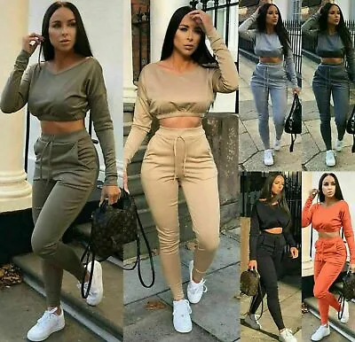 Women V Neck Cropped Top Joggers Lounge Wear Two Piece Gym Jogging Tracksuit Set • £14.90