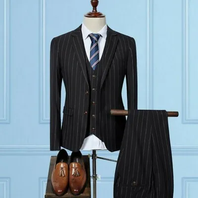 $148.19 • Buy Men Dress Suit Two Button Slim Fit Stripe Youth Korean Blazer Pant Vest 3Pcs New