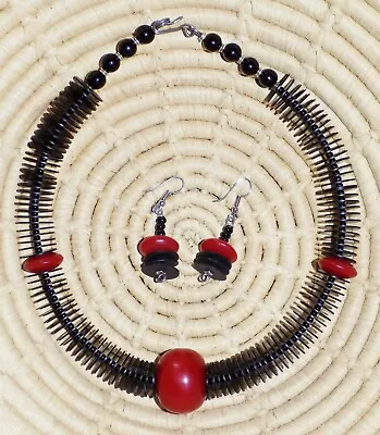 African Resin & Heishi Choker & Earrings Set Jnha11 • $15.97