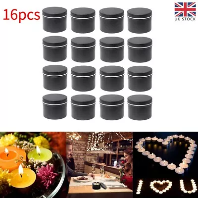 16xRound Candle Tins Black Metal Tins For Wax Soy Making Container Jars Gift DIY • £11.08